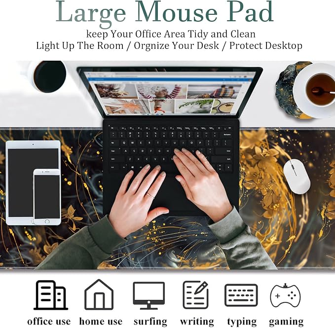 Extended Gaming Mouse Pad 31.5" x 11.8", with Edge Stitching, Non-Slip Rubber Base Keyboard Pad, Suitable for Work, Game, Office, Home and Coasters, Black Cat with Gold Floral