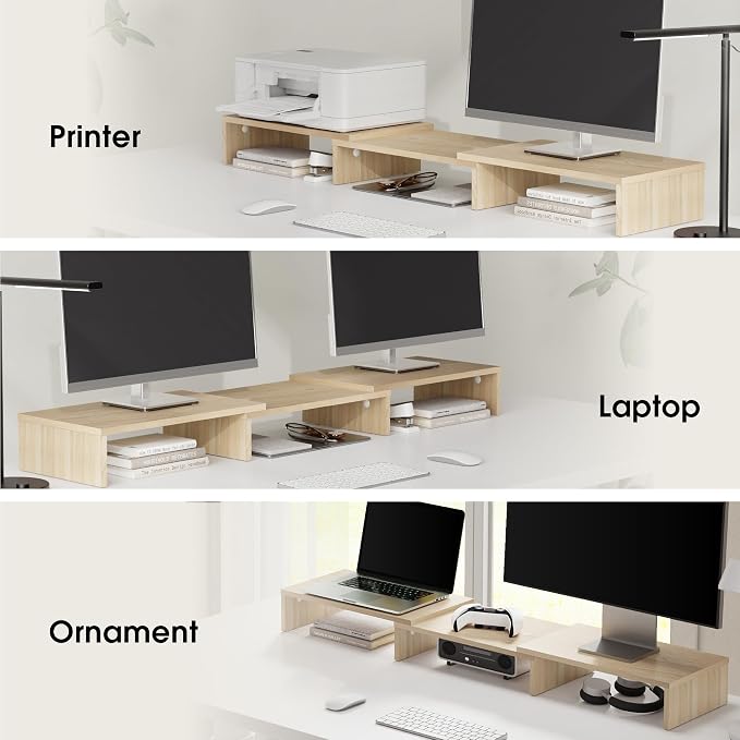 FITUEYES Dual Monitor Stand Riser, Adjustable Length and Angle, Oak | Wooden 3-Shelf Design, Supports up to 55lbs, Flexible for Standard Corner Space, Holds Monitor, Laptop, Phone, Printer