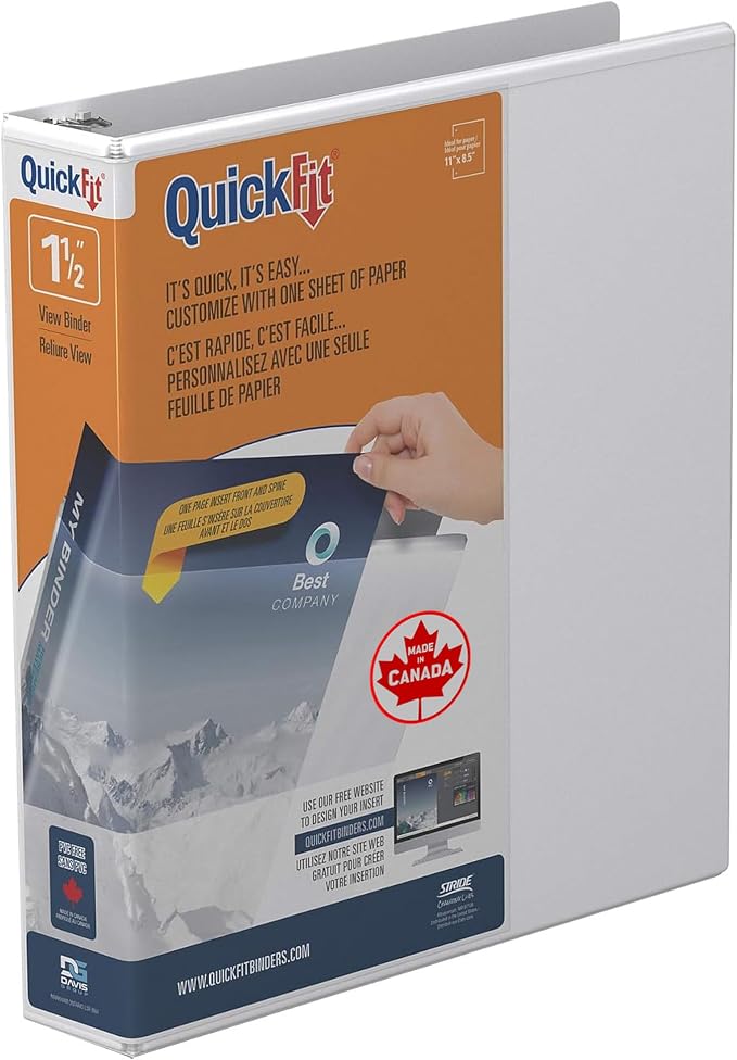 QuickFit View Binder, 3-Ring Binder for School or Office, D Ring, White, Single, 1.5 Inch