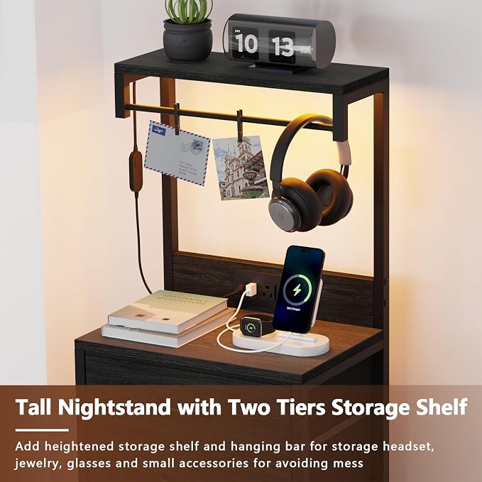 Nightstands Set of 2, 38" Tall Bedside Table with Charging Station | Charging Station & RGB LED Lights, 4 Fabric Drawers & Storage Wood Shelves, Metal Frame, Black Night Stand for Bedroom Dorm