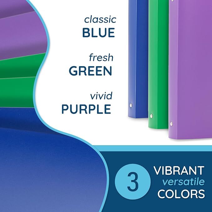 Blue Summit Supplies 6 Plastic 3 Ring Binders, 1 Inch, Assorted Colors | fits letter paper, 1 in round rings, flexible poly cover, inside pocket, for school, office, and home