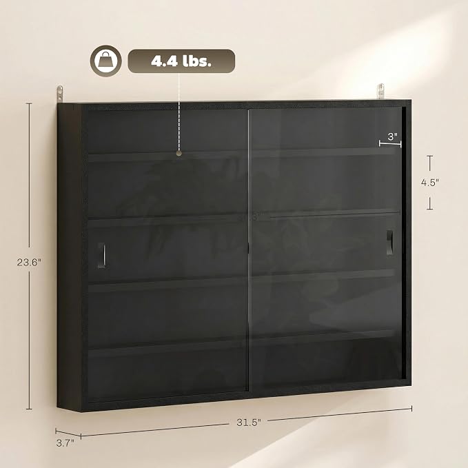 HOMCOM 5-Tier Wall Mounted Display Cabinet Glass Doors 60x80cm Jet Black | Display Case, 4 Adjustable Shelves, for Home Office Ornaments