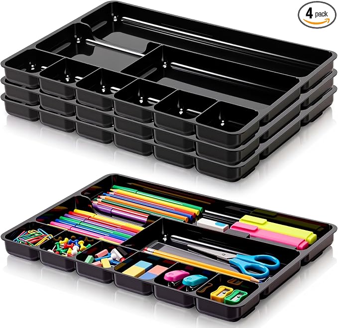 4 Pcs Desk Drawer Organizer Tray 14" x 9" x 1",Black | Shallow Desk Drawer Organizer with 9 Storage Compartments for Home Office Classroom School Organizing Pens Paper Clips