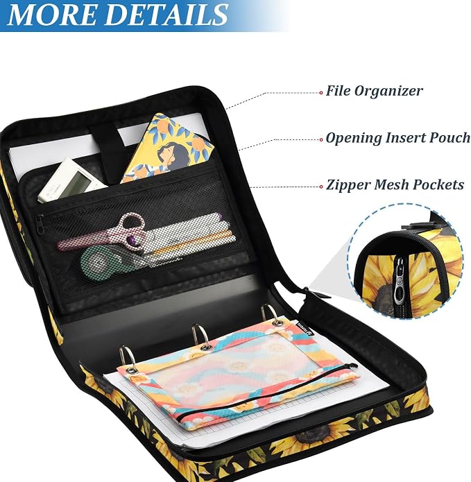 Bright Vintage Sunflower Zipper Binder with Shoulder Strap Bag 3 Ring Binder Organizer Large Capacity Multiple Compartments for School Office