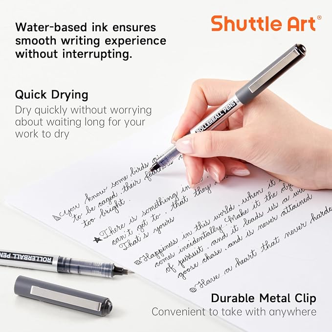 Shuttle Art RollerBall Pens, 25 Pack Black Fine Point Roller Ball Pens, 0.5mm Liquid Ink Pens for Writing Journaling Taking Notes School Office