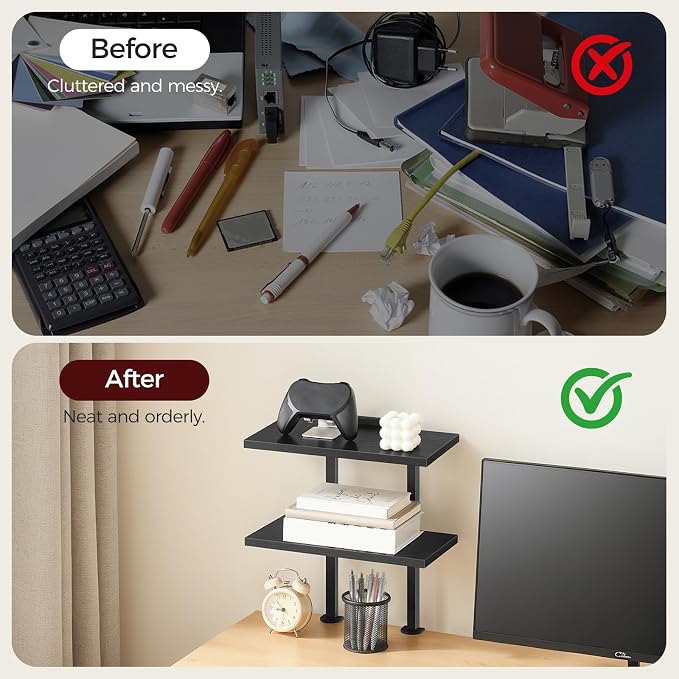 MAHANCRIS Clamp On Desk Organizer, 2-Tier Desktop Bookshelf, Adjustable Desk Storage Shelf, Metal Frame, for Office, Study and Game Room, Black DSBK3501
