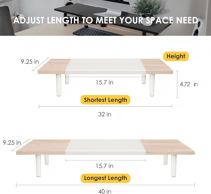 Across-Star Dual-Monitor-Stand-Riser-For-Desk Adjustable Length 32-40 Inch，Large Desktop Computer Monitor Riser For 2 Screens，Desk Shelf Organizer Riser Stand For Computer/Laptop/PC/Printer/TV Black