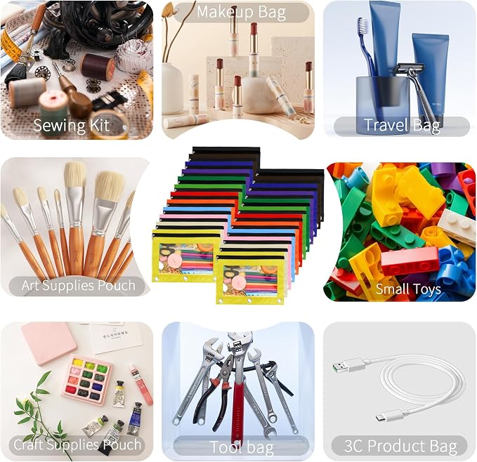Pencil Pouch for 3 Ring Binder, 24 Pack Pencil Bags with Zipper, Large Capacity Pencil Case for Binder Assorted Color Pencil Case Pouch with Clear Window and Grommets Pencil Pocket for Office Supplies