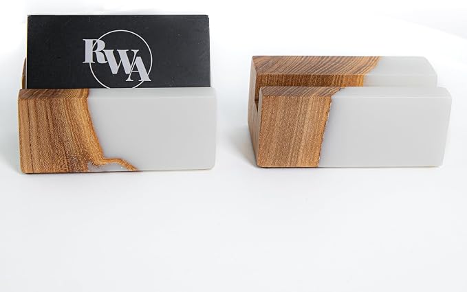RWA Business Card Holder for Men & Women - Handcrafted Epoxy & Wood, Stylish & Durable Business Card Organizer, Premium Business Card Holders Desk Accessory for Professionals - ELEMENT, white