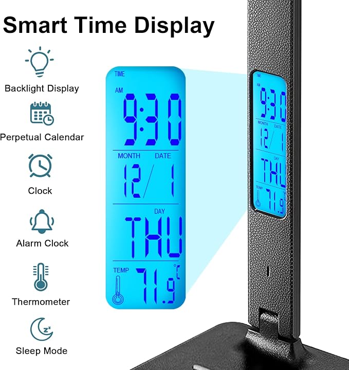 Desk Lamp with Wireless Charger: USB Charging Port, Table Lamp with Clock, Desk Lamps for Home Office College Dorm Room Essentials
