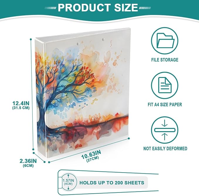 3 Ring Binder Watercolor Tree Life 1.5 inch Binders Three Ring Binders with Clipboard Fit 8.5'' x 11'' Paper 3 Interior PVC Clear Pockets for Office Supplies
