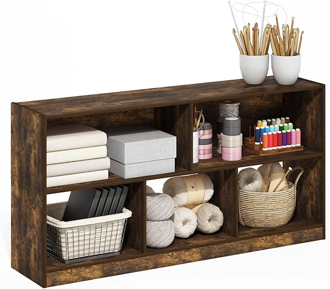 Furinno DALY Book Shelf, 5-Cube Bookshelf, Horizontal Cube Storage Organizer Bookcase, 10.9 x 47.2 x 23.6, for Living Room, Bedroom, Home Office, Amber Pine