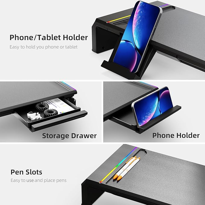 Heymaster Dual Monitor Stand for Desk, Gaming Monitor Riser with RGB Light, Foldable Computer Monitor Stand Riser, Desk Organizers and Accessories for Desktop, Printer (Black)