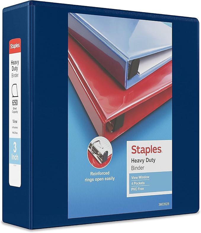 Staples Heavy Duty 3-Inch 3-Ring View Binder, Navy Blue, D-Rings, Four Interior Pockets, High-Capacity Organization for Office & School, 2-Pack