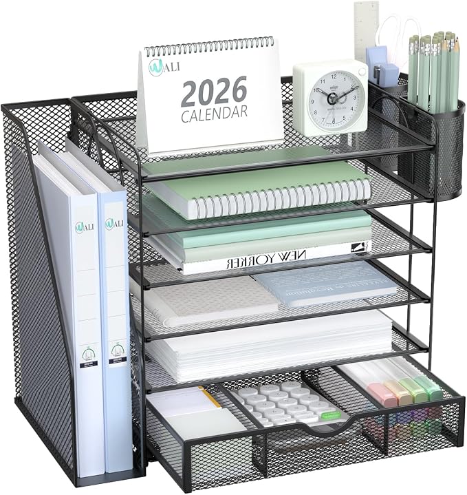 WALI Desk File Organizer, 6 Tier Desktop Paper Letter Tray Organizer with Drawer and 2 Pen Holders, Office Desk Accessories & Workspace Organizers for Office, Home Supplies(DO007DH-B), 1 Pack, Black