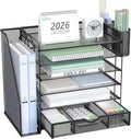 WALI Desk File Organizer, 6 Tier Desktop Paper Letter Tray Organizer with Drawer and 2 Pen Holders, Office Desk Accessories & Workspace Organizers for Office, Home Supplies(DO007DH-B), 1 Pack, Black