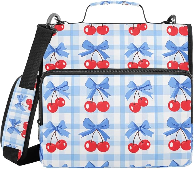 3 Ring Zipper Binder with Shoulder Strap Cherry Blue Bow 1.5 inch Binders Keeper Large Capacity Multi Pockets for School Office Supplies