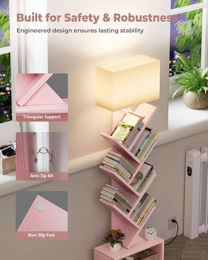 Evermagin 6 Tier Tree Bookshelf with Light, Bookcase, Pink | Narrow Tower Design, Storage Cabinet for Book Organization, Tall Floor Standing Use, Living Room, Bedroom and Home Office