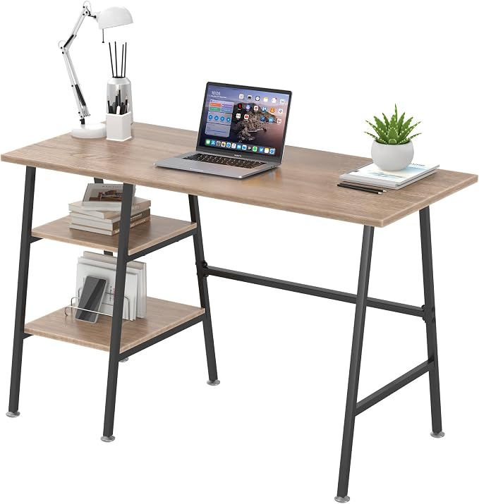 VECELO 43.1 Inch Computer Desk Home Office Oak Study Desk Work Office Table with Shelves Wooden Desk for Bedroom