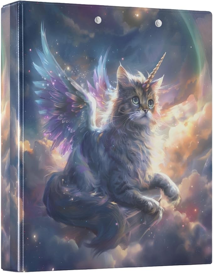 3 Ring Binder Unicorn Cat with Wings 1.5" Round Ring Binders View Binder with 200 Sheet for Women Men Office Kids School Supplies, 1 Pack