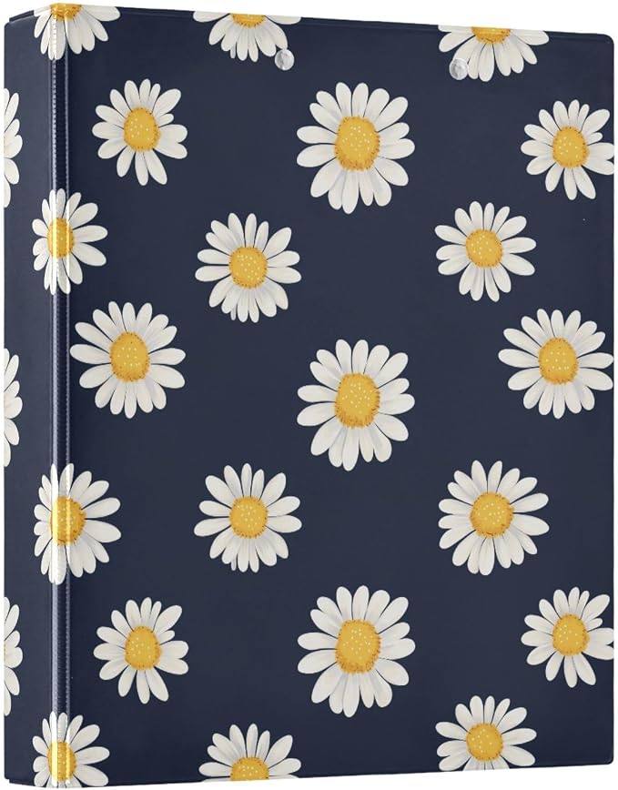 Flower Daisies Floral Hard Cover Ring Binder 1.5 Inch 3 Ring, Printed Ring Binder with Metal Non-Slip Clip Clear Pocket Water Resistant Round Ring Binders for Recipe Budget Office