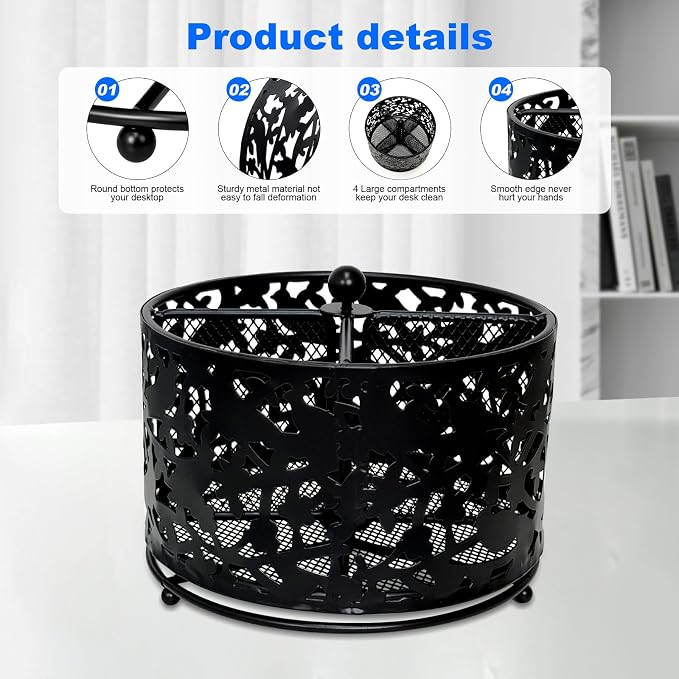 Pen Holder for Desk,360 Degree Rotating Pencil Holder Organizer | 4 Compartments,Large Capacity Pencil Holder for Desk,Metal Rust Prevention Pen Organizers(Bird Lace Pattern,No Hook)
