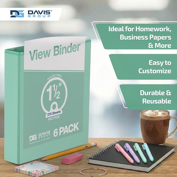 Pack of 6 Premium View Binders, Ring Binders with Clear-View Cover and Interior Pockets, Pastel Color Options, 1.5 Inch, Mint