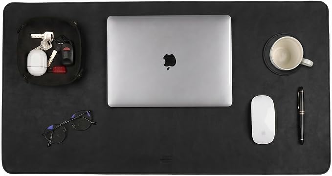 LEATHER VILLAGE Real Leather Desk Pad 3mm Thick Double Layer Desk Mat Black | 32''x16'', Cover Blotter Large Full Grain Protector for Keyboard, Mouse & Laptop, Office Table Mat & Desktop Accessories