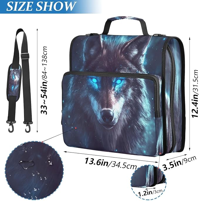ALAZA Zipper Binder 3 Ring Blue Eyed Wolf Binder Organizer with Zipper and Shoulder Strap Large Capacity Multi-Pocket Trapper Keeper File Folder for Office Supplies