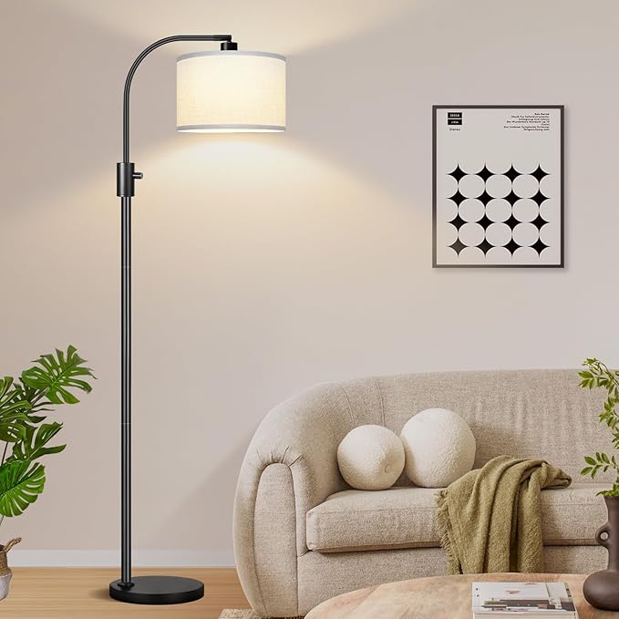 Nintiue Upgraded Modern Arc Dimmable Tall Standing Floor Lamp with White Shade, 1200 Lumens LED Bulb Included, for Living & Reading Room, Bedroom, Office & Nursery, Black