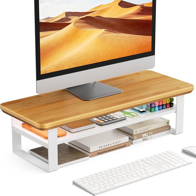 Monitor Stand Riser, 24 Inch Computer Monitor Stand for Desk, 2-Tier Wood Desk Shelf Organizer with Storage, Desktop Stand for Laptop/Screen/PC/Printer, Ergonomic Home Office Monitor Stand