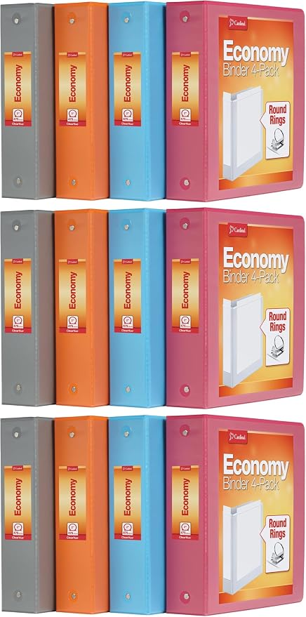 Cardinal 3 Ring Binders, Binders for School and Office, Durable 2 Inch, Round Rings, Holds 475 Sheets, ClearVue Presentation View, Non-Stick, Assorted Autumn Colors, 12 Pack (1002481)