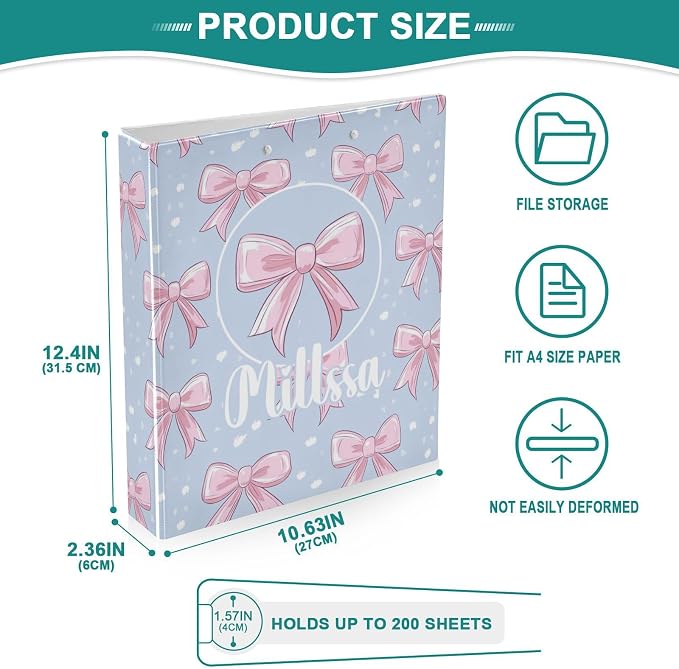 Cute Pink Bows 3 Ring Binder with Clipboard Round Ring Binders Ribbons Personalized Binder 3 Interior Clear Pockets for Office Supplies 2 Pack