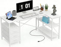 Alpen L Shaped Computer Desk, 55 Inch Corner Desk with Drawers and Power Outlets, Home Office Desk for Gaming, Study Writing PC Table with Storage and Reversible Shelf, White