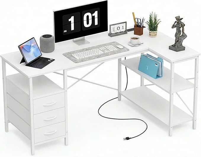 Alpen L Shaped Gaming Desk with Power Outlets, 47 Inch Computer Desk with 3 Drawers and Shelves, Corner Desk for Gaming, Study Writing PC Table with Storage and Reversible Shelf, White