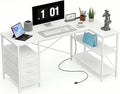 Alpen L Shaped Gaming Desk with Power Outlets, 47 Inch Computer Desk with 3 Drawers and Shelves, Corner Desk for Gaming, Study Writing PC Table with Storage and Reversible Shelf, White