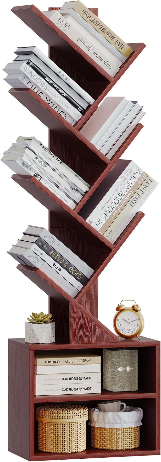 SUNMORY 6 Tier Tree Bookshelf, Tall Small Bookcase with Storage Cabinet | Narrow Bookshelves Organizer, Floor Standing Book Case Shelf for Bedroom Living Room Home Office Corner, Cherry