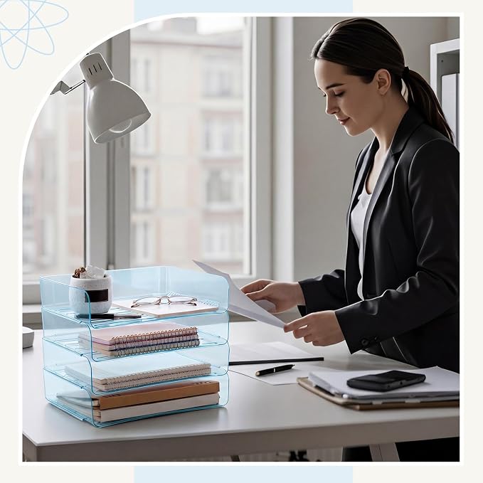 Harloon 4 Tier Clear Blue Acrylic Paper Organizer Letter Tray, Aesthetic Stackable Desk File Organizer Paper Holder Office Tray for A4, Modern Classroom Office Home File Pad Books Notes