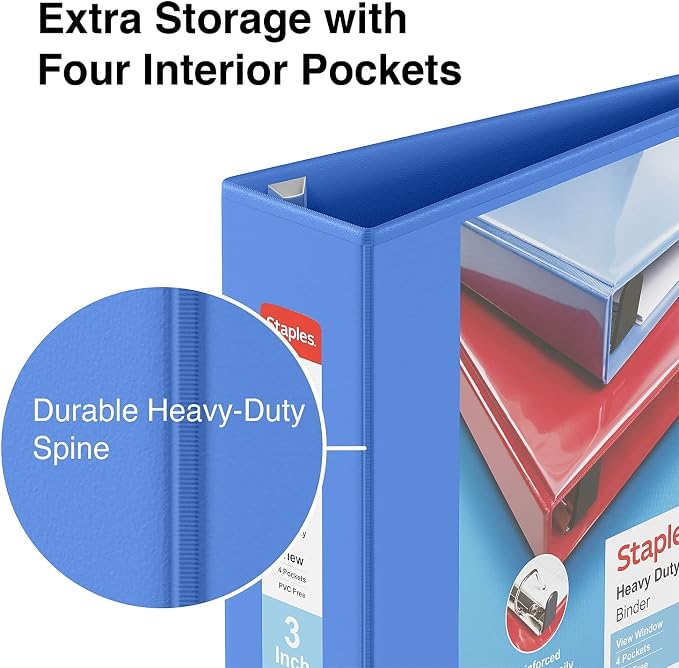 Staples Heavy-Duty 3-Inch D-Ring View Binder, Reinforced Spine, Holds Up to 600 Sheets, Periwinkle, for Office & School