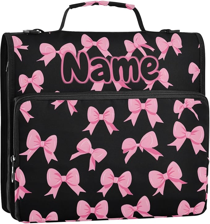 Custom Pink Bow Black Background 3 Ring Binder Bag 1.5 inch Personalized Name Binder Organizer 500 Sheet Documents Storage for School Office