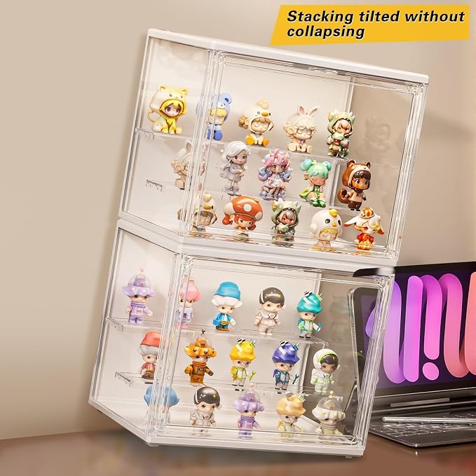 GUDEMAY Acrylic Display Case with Lights, Clear Showcase with Detachable Shelf, Stackable Storage Bins for Collectibles, Action Figure, Popmart (L-1 Pack)