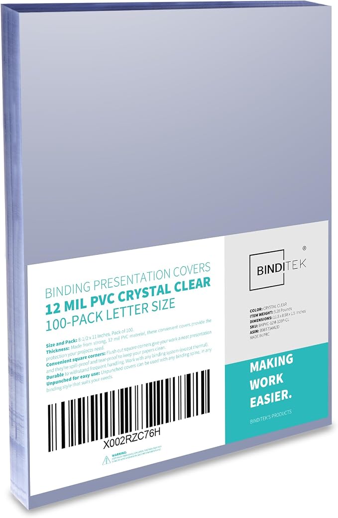 Binditek 12 Mil PVC Binding Covers, 8.5 x 11 Inches, Clear, 200 Pack | Plastic Binding Covers, 8.5" x 11" Letter Size, Clear, Square Corners, Unpunched, Ideal for Business Reports and Proposals