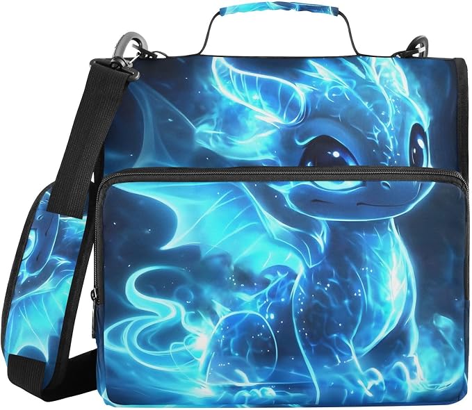 3 D-Ring Zipper Binder Bag, Cartoon Blue Glowing Dragon Removable Binder with Zipper Case Hold 300+ Sheets& 13 Inch Laptop for School Office Supplies Organizer