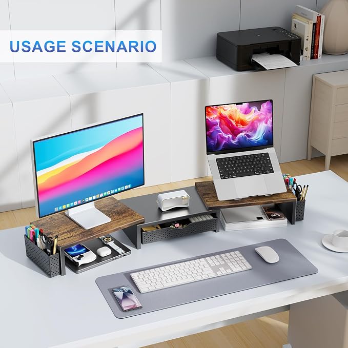 gianotter Dual Monitor Stand Riser With Drawer and 2 Pen Holders | Wood Computer Monitor Stand Desk Organizer and Accessories Desk Shelf for Top of Desk (Wood)