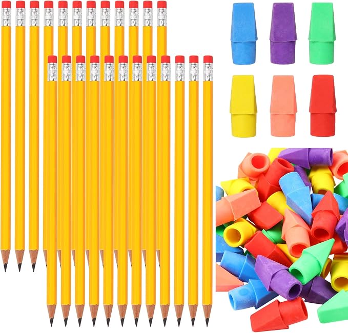 Gersoniel 24 Pack Yellow No. 2 Pencils, HB Wooden Bulk with 48 Eraser Caps