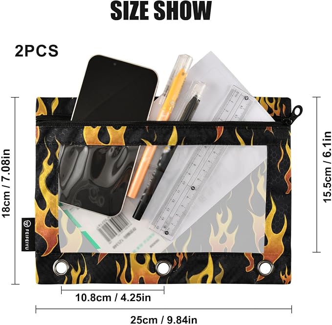 Yellow Orange Fire Flames Pencil Pouch for 3 Ring Binder, 2 Pack Waterproof Pencil Bags Clear Window Pencil Case Zipper School Office Supplies