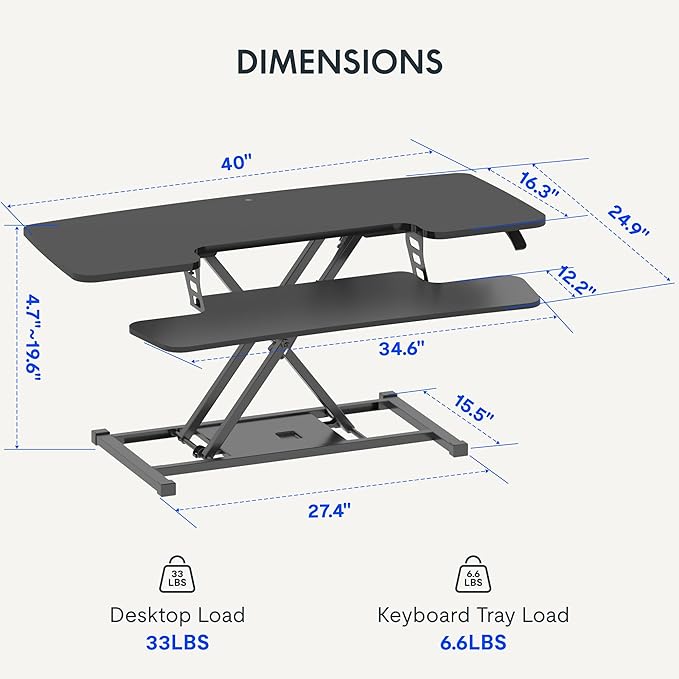 FLEXISPOT 40" Wide Standing Desk Converter Sit to Stand up Riser Height Adjustable Computer Workstation with Spacious 2-Tier Desktop, Black