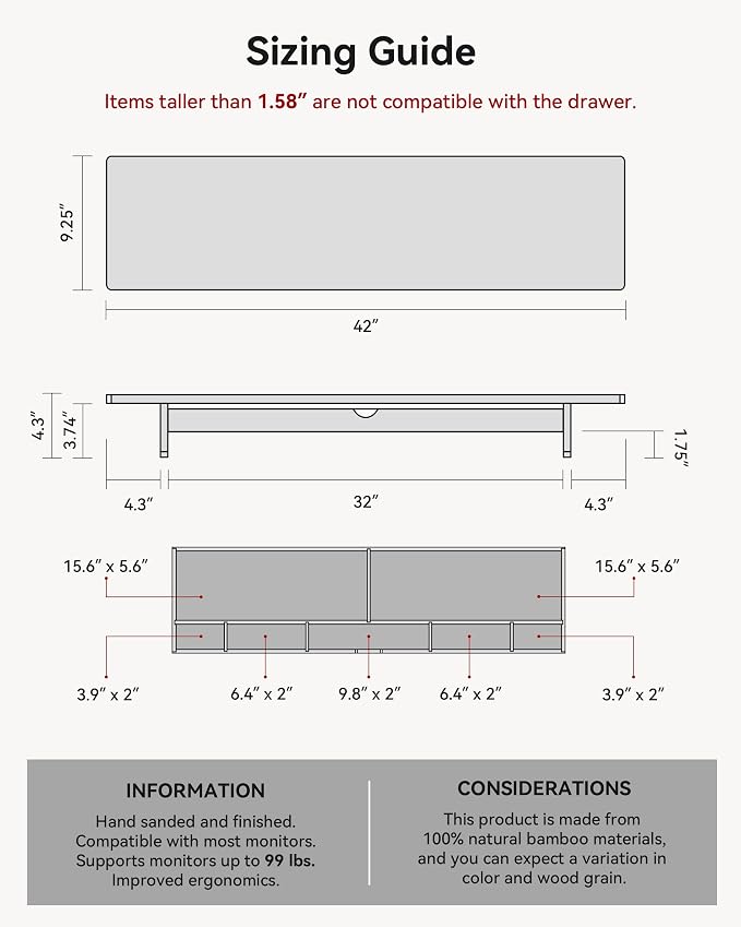 42" Dual Monitor Stand Riser with Large Drawer Keyboard Storage | Double Computer Monitor Riser Shelf for 55-72 Inch Desk Aesthetic Workplace Setup Desktop Organizer Bamboo