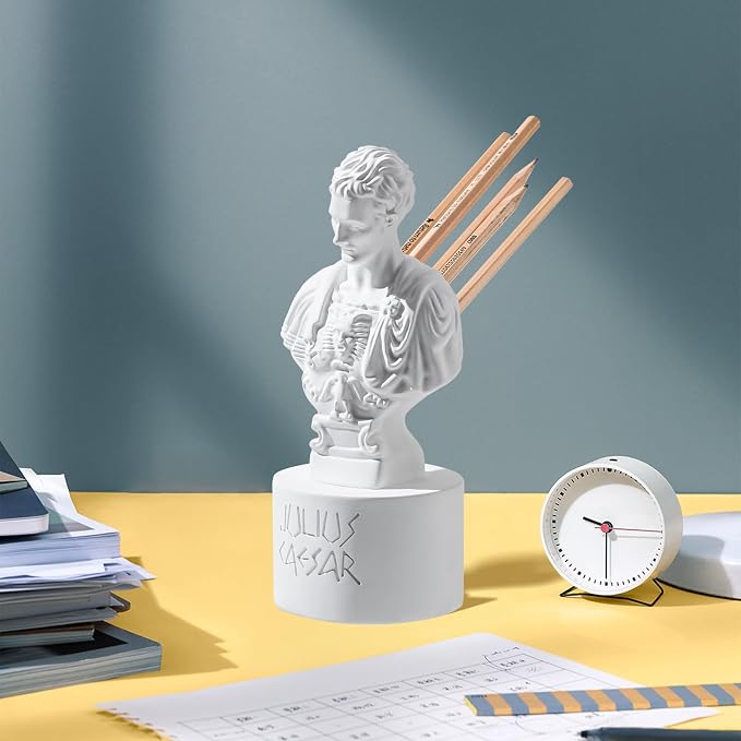 Julius Caesar Pencil Holder, 7.87" Resin Bust Statue with Back Stabbed Holes, Roman Desk Organizer