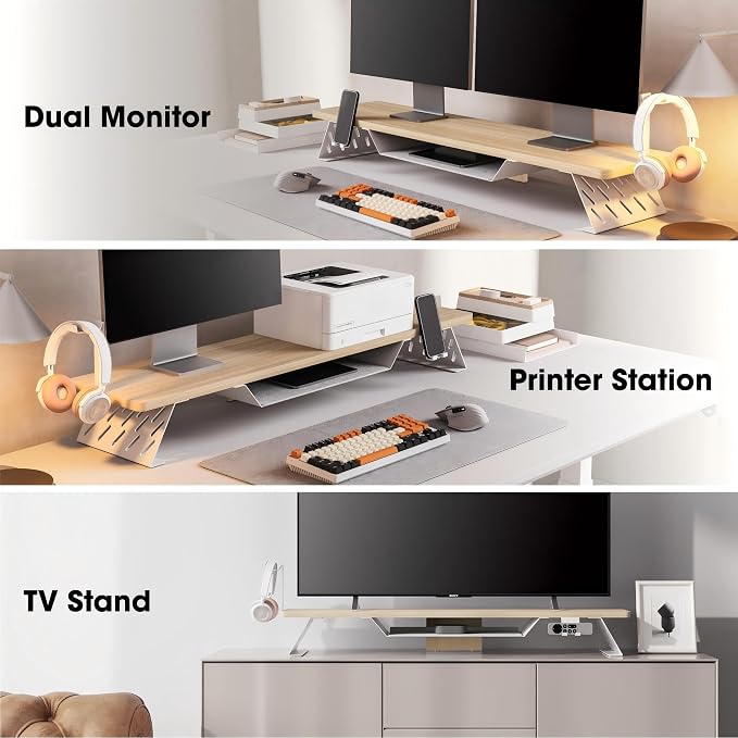 Fenge Dual Monitor Stand, Wooden Desk Shelf with Headphone & Phone Holder | 42.5" Monitor Riser with Storage Shelf, 2-Tier Monitor Shelf with Metal Leg for Home Office Organizer, Oak